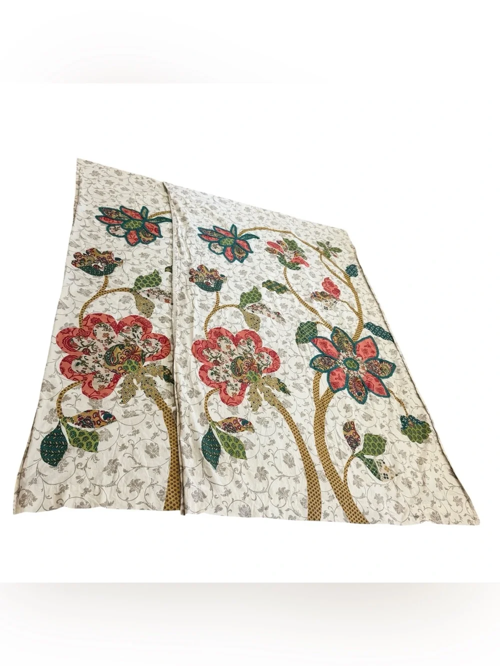 Pier 1 Boho Floral Patchwork Applique Panel Curtain Set 2 Blue Coral Multi 82x52
